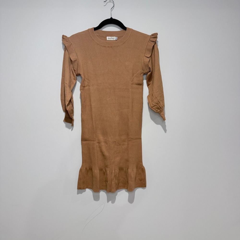 NWOT BESSERBAY Girls Brown Ribbed Knit Dress Ruffle Sleeve‎ Hem Kids Size 140